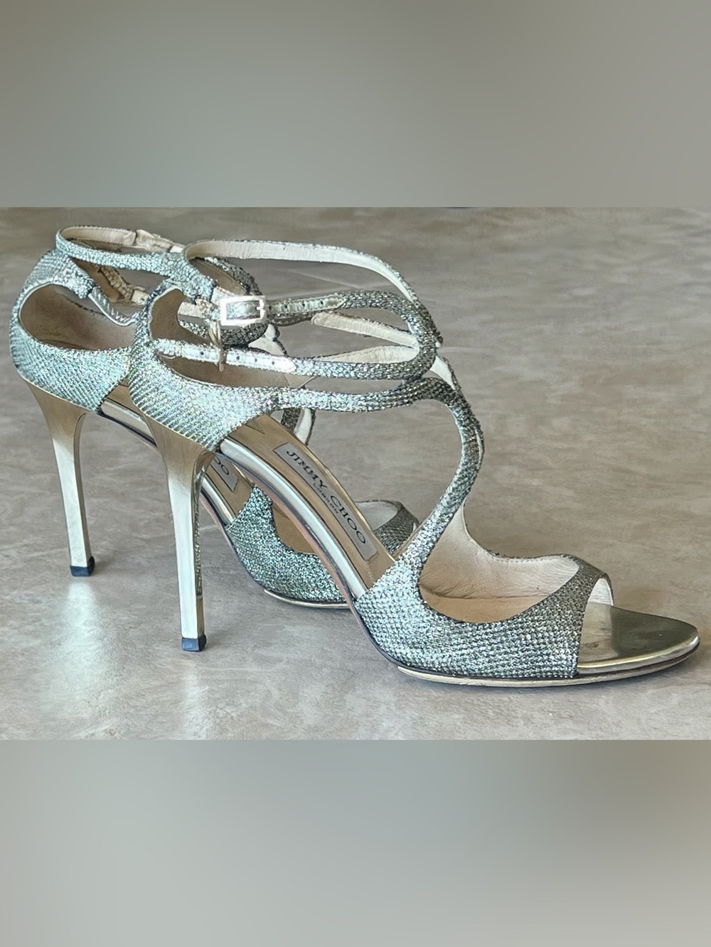 Jimmy Choo LANG 100 Lame Glitter Gold Strappy Heels Sandals 38.5 Vibram